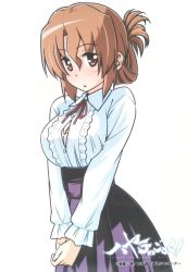 Rule 34 | 1girl, :o, blush, bra, breasts, brown hair, cleavage, cleavage cutout, clothing cutout, folded ponytail, hayate no gotoku!, highres, large breasts, long hair, long skirt, long sleeves, maria (hayate no gotoku!), necktie, open clothes, open shirt, pink bra, red eyes, shirt, simple background, skirt, solo, underwear, white background