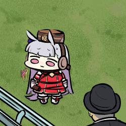 Rule 34 | 12 billion yen incident, 1boy, 1girl, :3, animal ears, blunt bangs, brown headwear, chibi, commentary, from above, gold ship (umamusume), grey hair, horse ears, horse girl, horse racing track, horse tail, jazz jack, long hair, looking to the side, lowres, photo-referenced, pillbox hat, purple eyes, real life, signature, sugai naosuke, tail, umamusume