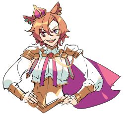 Rule 34 | 1girl, animal ears, armor, brooch, cape, corset, cropped torso, crown, ear bar, gocic, highres, horse ears, jewelry, long sleeves, looking at viewer, mini crown, open mouth, orange hair, pink cape, purple eyes, shirt, short hair, shoulder armor, simple background, sketch, smile, solo, t.m. opera o (umamusume), umamusume, upper body, v-shaped eyebrows, white background, white shirt