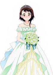 Rule 34 | 10s, 1girl, bad id, bad pixiv id, bare shoulders, blush, bouquet, bridal veil, bride, brown eyes, brown hair, dress, flower, frilled dress, frills, gloves, gown, green flower, green rose, jewelry, looking at viewer, necklace, nisekoi, onodera kosaki, original, pearl necklace, podri, rose, smile, solo, strapless, strapless dress, tiara, transparent, transparent background, veil, wedding dress, white gloves