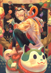 Rule 34 | 1boy, :o, animal ears, barefoot, black background, black pants, blurry, blurry foreground, cat, dice, fake animal ears, fasna, full body, headphones, highres, jacket, knees up, kouhaku nawa, long sleeves, looking at viewer, male focus, open mouth, orange eyes, original, own hands together, pants, red rope, rope, shimenawa, short hair, sitting, solo, teapot, teeth, toes, upper teeth only, war fan, white hair, white jacket