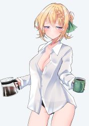 Rule 34 | 1girl, absurdres, black panties, blonde hair, blouse, braid, braided bun, breasts, cleavage, coffee mug, coffee pot, commentary request, commission, cowboy shot, cup, dress shirt, grey background, hair bun, half-closed eyes, highres, kantai collection, komb, looking at viewer, loose clothes, loose shirt, medium breasts, mug, no pants, panties, perth (kancolle), plaid, purple eyes, school uniform, shirt, short hair, simple background, skirt, solo, steam, underwear, white shirt