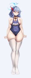 Rule 34 | 1girl, absurdres, ako (blue archive), bare arms, bare shoulders, blue archive, blue background, blue hair, blue one-piece swimsuit, blush, breasts, cleavage, closed mouth, collarbone, cowbell, full body, gluteal fold, grey eyes, hairband, highres, large breasts, legs, long hair, mung (larnec), one-piece swimsuit, school swimsuit, sideboob, simple background, solo, standing, swimsuit, tears, thigh gap, thighhighs, undersized clothes, white thighhighs
