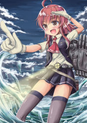 Rule 34 | 10s, 1girl, :d, ahoge, arashi (kancolle), blue sky, blush, brown eyes, cannon, cloud, day, fang, gloves, grey thighhighs, kantai collection, kerchief, machinery, open mouth, outstretched arm, pleated skirt, pointing, pointing forward, red hair, saz, saz (sazin764), school uniform, searchlight, short hair, short sleeves, sidelocks, skirt, sky, smile, solo, tareme, thighhighs, turret, vest, water, white gloves, zettai ryouiki