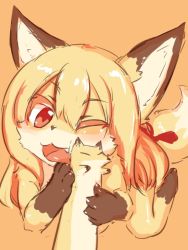Rule 34 | 1girl, blonde hair, fox, furry, hug, long hair, ohakotome, one eye closed, open mouth, red eyes, sexually suggestive