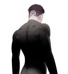 Rule 34 | 1boy, black bodysuit, black hair, bodysuit, commentary, earrings, english commentary, facing away, from behind, jewelry, male focus, neozumi, original, short hair, simple background, skin tight, solo, symbol, toned, toned male, white background