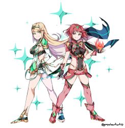 Rule 34 | 2girls, armor, blonde hair, breasts, cleavage cutout, clothing cutout, covered navel, earrings, fingerless gloves, full body, gem, gloves, graysheartart, headpiece, highres, jewelry, multiple girls, mythra (xenoblade), nintendo, pyra (xenoblade), red eyes, red hair, red shorts, short hair, shorts, shoulder armor, simple background, smile, swept bangs, thigh strap, tiara, xenoblade chronicles (series), xenoblade chronicles 2, yellow eyes