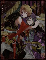 Rule 34 | 2boys, ababuababeababa, blonde hair, bug, butterfly, earrings, highres, indoors, insect, jewelry, kamishiro rui, looking at viewer, male focus, multiple boys, project sekai, purple hair, sleeveless, smile, tenma tsukasa, xxxholic, yaoi, yellow eyes