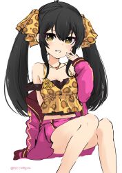 Rule 34 | 1girl, animal print, arm support, black hair, flat chest, hair between eyes, hand up, heart, heart necklace, highres, idolmaster, idolmaster cinderella girls, invisible chair, jacket, jewelry, legs, leopard print, long hair, long sleeves, matoba risa, miniskirt, navel, necklace, open clothes, open jacket, pink jacket, pink skirt, ribbon, roccamoya, shirt, sidelocks, sitting, skirt, solo, strap slip, tank top, thighs, twintails, twitter username, white background, yellow ribbon, yellow shirt