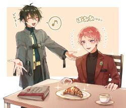 Rule 34 | + +, 2boys, black pants, blush, buckle, buttons, chair, closed eyes, commentary request, croissant, cup, ensemble stars!, fingernails, food, green hair, hair between eyes, highres, lapels, long sleeves, male focus, multiple boys, musical note, open mouth, pants, pink hair, plate, purple eyes, short hair, sitting, spoken musical note, standing, table, teacup, teeth, translation request, turtleneck, upper body, upper teeth only, valkyrie (ensemble stars!), wednesday 108