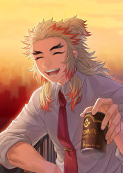 Rule 34 | 1boy, :d, ^ ^, blonde hair, can, canned coffee, closed eyes, collared shirt, drink can, dusk, facing viewer, forked eyebrows, highres, holding, holding can, kimetsu no yaiba, long hair, male focus, multicolored hair, necktie, open mouth, orange hair, red necktie, remsor076, rengoku kyoujurou, rooftop, shirt, sky, sleeves rolled up, smile, solo, two-tone hair, upper body, white shirt, wing collar, yellow sky