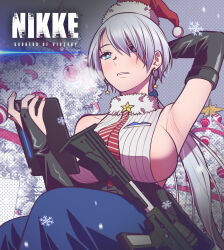 Rule 34 | 1girl, andrian januar adilia, ar-9, arm up, armpits, assault rifle, black gloves, blue eyes, blue skirt, breasts, brid (nikke), commentary, earrings, fingerless gloves, gloves, goddess of victory: nikke, grey hair, gun, hat, highres, holding, holding tablet pc, indonesian commentary, jewelry, large breasts, long hair, looking at viewer, necktie, parted lips, ponytail, red necktie, rifle, santa hat, shirt, skirt, sleeveless, sleeveless shirt, snowflakes, solo, star (symbol), star earrings, striped necktie, tablet pc, upper body, weapon, white shirt