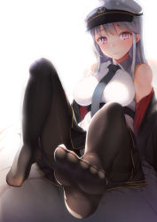 Rule 34 | 1girl, 3:, ass, azur lane, backlighting, bare shoulders, belt, black coat, black necktie, black pantyhose, black skirt, breasts, coat, collared shirt, commentary request, enterprise (azur lane), feet, foreshortening, frown, gold trim, hat, highres, knees up, large breasts, long hair, long sleeves, looking at viewer, military hat, miniskirt, necktie, no shoes, off shoulder, open clothes, open coat, panties, panty peek, pantyhose, peaked cap, pleated skirt, purple eyes, shirt, sidelocks, silver hair, simple background, sitting, skirt, sleeveless, sleeveless shirt, solo, tatsumiya kagari, thighband pantyhose, toes, underwear, white background, white hat, white shirt