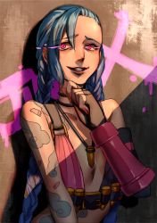 Rule 34 | 1girl, bare shoulders, belt, blue hair, breasts, bullet, darkeagle an, fingerless gloves, gloves, hairline, jewelry, jinx (league of legends), league of legends, long hair, necklace, pink eyes, small breasts, smile, solo, spray paint, tattoo, usagi haku
