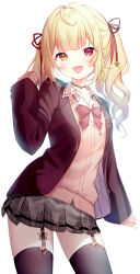 Rule 34 | 1girl, :d, black thighhighs, blazer, blonde hair, bow, brown eyes, cardigan, collared shirt, commentary request, garter straps, grey skirt, hand up, heterochromia, highres, hoshikawa sara, hoshikawa sara (4th costume), jacket, long hair, long sleeves, looking at viewer, nijisanji, open clothes, open jacket, open mouth, pink cardigan, pleated skirt, purple jacket, red bow, red eyes, school uniform, segawa luna, shirt, simple background, skirt, sleeves past fingers, sleeves past wrists, smile, solo, thighhighs, twintails, virtual youtuber, white background, white shirt