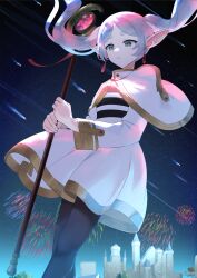 Rule 34 | 1girl, aerial fireworks, capelet, castle, dress, earrings, fireworks, floating hair, frieren, geisha-geisha-, green eyes, grey hair, highres, holding, holding staff, jewelry, long hair, long pointy ears, long sleeves, night, night sky, outdoors, pointy ears, shooting star, sky, solo, sousou no frieren, staff, star (sky), starry sky, thick eyebrows, twintails