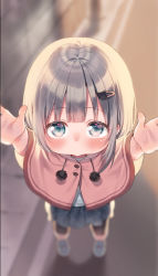 Rule 34 | 1girl, arms up, black pantyhose, black skirt, blue eyes, blurry, blurry background, blush, capelet, carry me, cat hair ornament, child, commentary request, depth of field, from above, grey hair, hair ornament, hairclip, looking at viewer, looking up, midorikawa you, original, pantyhose, pink capelet, pleated skirt, reaching, reaching towards viewer, shirt, skirt, solo, standing, white shirt