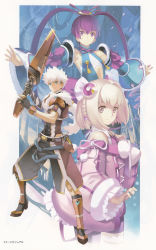 Rule 34 | absurdres, aoto (ar tonelico), ar tonelico, ar tonelico iii, armor, blonde hair, blue eyes, boots, bow, braid, detached sleeves, dress, finnel (ar tonelico), flat chest, gust, hair ornament, highres, long hair, nagi ryou, official art, pink eyes, purple eyes, purple hair, saki (ar tonelico), short hair, twintails, weapon, white hair