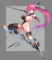 Rule 34 | 1girl, armored boots, black thighhighs, boots, breasts, bridal gauntlets, commission, grey background, holding, holding sword, holding weapon, large breasts, long hair, looking at viewer, new (lk), open mouth, original, pink hair, ponytail, sideboob, sideless outfit, skeb commission, skindentation, solo, sword, takada kazuhiro, thighhighs, weapon, yellow eyes
