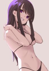 Rule 34 | 1girl, artist name, bare arms, bikini, black bikini, brown hair, commentary, dated commentary, grey background, long hair, looking at viewer, micro bikini, navel, open mouth, original, purple eyes, simple background, skeptycally, smile, solo, swimsuit, upper body