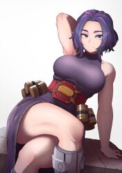 Rule 34 | 1girl, absurdres, arm up, belt, boku no hero academia, boots, breasts, closed mouth, commentary, crossed legs, dress, feet out of frame, forehead, highres, ishikoro 1450, knee boots, lady nagant, large breasts, leaning back, light smile, looking at viewer, multicolored hair, parted bangs, pink hair, purple dress, purple eyes, purple hair, short hair, simple background, sitting, sleeveless, sleeveless dress, sleeveless turtleneck, smile, solo, streaked hair, taut clothes, taut dress, thighs, turtleneck, turtleneck dress, two-tone hair, utility belt, white background, zipper footwear