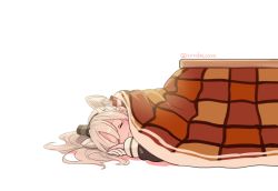 Rule 34 | 10s, 1girl, :3, amatsukaze (kancolle), deco (geigeki honey), closed eyes, gloves, hair between eyes, hair tubes, hairband, kantai collection, kotatsu, long hair, long sleeves, lying, on side, silver hair, simple background, single glove, sleeping, smile, solo, table, twitter username, two side up, white background, white gloves