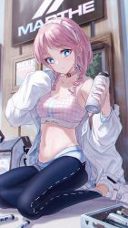 Rule 34 | 1girl, arknights, bae.c, bag, blue eyes, blue poison (arknights), blue poison (shoal beat) (arknights), blue shorts, bottle, breasts, choker, cleavage, collarbone, duffel bag, earrings, hairband, highres, holding, holding bottle, jacket, jewelry, leggings, long sleeves, looking at viewer, medium breasts, midriff, navel, off shoulder, official alternate costume, open clothes, open jacket, pants under shorts, pink choker, pink hair, pink sports bra, short shorts, shorts, sitting, solo, sports bra, symbol-only commentary, water bottle, white jacket, yokozuwari
