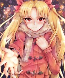 Rule 34 | 1girl, absurdres, blush, bow, coat, ereshkigal (fate), fate/grand order, fate (series), grey scarf, hair bow, highres, lens flare, looking at viewer, outstretched arm, pero 1005, red bow, red coat, red eyes, scarf, solo, sweatdrop, twintails, upper body, winter clothes, winter coat