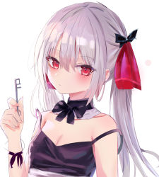 Rule 34 | 1girl, absurdres, bad id, bad pixiv id, black bow, black bowtie, black tank top, bow, bowtie, breasts, cleavage, commentary request, grey hair, hair between eyes, hair ornament, highres, holding, holding key, key, long hair, looking at viewer, lshiki, original, simple background, solo, tank top, twintails, white background
