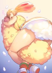 Rule 34 | 1girl, ass, bare legs, borrowed character, breast press, breasts, character request, closed eyes, commentary request, food, iriam, large breasts, legs, minamoto (mutton), hugging object, open mouth, oversized food, oversized object, shrimp, shrimp tempura, sleeping, solo, tempura, thick thighs, thighs, virtual youtuber, zzz