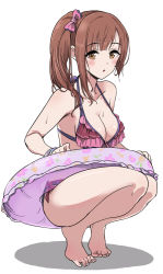Rule 34 | 1girl, :o, absurdres, bare arms, bare legs, bare shoulders, barefoot, bikini, blush, bow, breasts, brown eyes, brown hair, cleavage, collarbone, commentary request, full body, hair bow, halterneck, highres, idolmaster, idolmaster cinderella girls, igarashi kyoko, innertube, medium breasts, parted lips, pink bow, pizzasi, red bikini, shadow, side-tie bikini bottom, side ponytail, solo, squatting, swim ring, swimsuit, tiptoes, wet, wet hair, white background