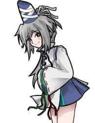 Rule 34 | 1girl, 4rdilla, blue hat, blue skirt, blush, closed mouth, grey eyes, grey hair, hands in opposite sleeves, hat, highres, leaning forward, long hair, looking at viewer, mononobe no futo, ponytail, ribbon-trimmed sleeves, ribbon trim, simple background, skirt, smile, solo, tate eboshi, touhou, white background