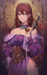 Rule 34 | 1girl, bare shoulders, braid, closed mouth, commentary request, corset, damiaodi, detached collar, dress, earrings, facial tattoo, frilled dress, frilled sleeves, frills, gun, hand on own hip, handgun, highres, holding, holding gun, holding weapon, hoop earrings, jewelry, light smile, long hair, off-shoulder dress, off shoulder, original, puffy sleeves, purple dress, purple eyes, red hair, revolver, side slit, solo, standing, tattoo, weapon
