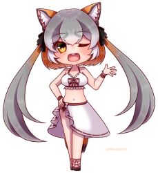 Rule 34 | 1girl, animal ears, bikini, extra ears, fox ears, fox girl, fox tail, grey hair, hikarikmy, island fox (kemono friends), kemono friends, kemono friends 3, kemono friends v project, long hair, looking at viewer, one eye closed, open mouth, orange hair, ribbon, sandals, sarong, simple background, solo, swimsuit, tail, twintails, virtual youtuber, yellow eyes