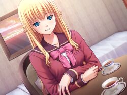 Rule 34 | 1girl, 400, amishiro anna, bed, bedroom, blonde hair, blue eyes, bow, bowtie, braid, brown sailor collar, cup, dress shirt, dutch angle, game cg, grin, hair between eyes, indoors, jacket, kanojo to kanojo to watashi no nananichi, long hair, long sleeves, looking at viewer, pink bow, pink bowtie, red jacket, sailor collar, school uniform, shirt, sitting, smile, solo, teacup, upper body, white shirt