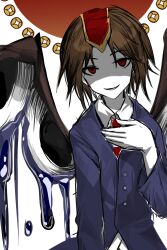 Rule 34 | 1other, androgynous, blue jacket, brown hair, buttons, chinese commentary, collared shirt, commentary request, euthan, gold trim, hand on own chest, headpiece, highres, jacket, kokutenshi hibaru, len&#039;en, long sleeves, looking at viewer, necktie, no nose, other focus, red eyes, red necktie, shaded face, shirt, short hair, sketch, smile, upper body, white shirt, wing eyes, wings