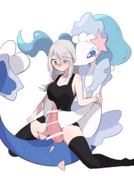 Rule 34 | 1boy, 1girl, absurdres, animal penis, bar censor, black shirt, black thighhighs, blouse, blue eyes, breasts, censored, closed mouth, creatures (company), dolphin penis, game freak, gen 7 pokemon, grabbing, grabbing from behind, grey hair, hetero, highres, imminent penetration, interspecies, large penis, long hair, momikumo, nintendo, penis, pokemon, pokemon (creature), pokephilia, precum, primarina, shirt, thighhighs, torso grab