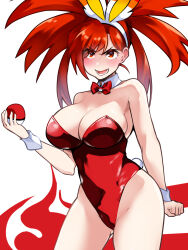 Rule 34 | 1girl, animal ears, ass, bare legs, bare shoulders, black footwear, blush, bow choker, breasts, cleavage, covered navel, creatures (company), curvy, embarrassed, fake animal ears, fake tail, flannery (pokemon), game freak, high heels, highleg, highleg leotard, highres, holding, holding poke ball, large breasts, leotard, long hair, looking at viewer, lower teeth only, nintendo, open mouth, playboy bunny, poke ball, pokemon, pokemon oras, rabbit ears, rabbit tail, red eyes, red hair, red leotard, simple background, solo, strapless, strapless leotard, tail, teeth, tetsuji (i ttj f c), wide hips, wrist cuffs