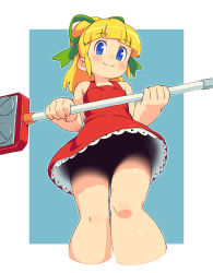 Rule 34 | 1girl, bare arms, bare legs, bare shoulders, blue background, blue eyes, blue pupils, blunt bangs, blush, border, breasts, broom, capcom, collarbone, commentary, cropped legs, dress, english commentary, fingernails, foreshortening, from below, green ribbon, hair ribbon, highres, holding, holding broom, lace, lace-trimmed dress, lace trim, layered dress, looking at viewer, looking down, medium hair, mega man (classic), mega man (series), multicolored background, nintendo, no panties, om (nk2007), partially visible vulva, perky breasts, ponytail, raised eyebrows, red dress, ribbon, roll (mega man), shiny skin, sidelocks, small breasts, smile, solo, split mouth, super smash bros., two-tone background, upskirt, white border