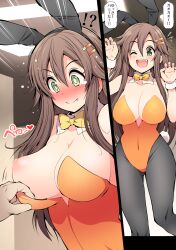 Rule 34 | !?, 1boy, 1girl, ;d, alternate costume, animal ears, bare shoulders, black pantyhose, bow, bowtie, breasts, brown hair, cleavage, closed mouth, commentary request, detached collar, fake animal ears, fang, green eyes, hair ornament, hairclip, himekawa yuki, idolmaster, idolmaster cinderella girls, large breasts, leotard, long hair, nipples, one eye closed, open mouth, orange leotard, pantyhose, playboy bunny, rabbit ears, serebi ryousangata, smile, speech bubble, tears, teeth, translation request, upper teeth only, yellow bow, yellow bowtie