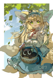 Rule 34 | 1girl, :d, absurdres, animal ear fluff, animal ears, arknights, basket, black cat, blonde hair, blue dress, blue hairband, border, cat, commentary, commentary request, crossover, dress, english commentary, fox ears, fox girl, fox tail, frilled dress, frilled hairband, frilled shirt, frills, green eyes, hairband, heixiu, highres, holding, holding basket, kitsune, looking at viewer, luo xiaohei, luo xiaohei zhanji, neck ribbon, open mouth, outdoors, outside border, red ribbon, ribbon, shio (shiofeifei), shirt, sketch, sleeves past wrists, smile, standing, suzuran (arknights), suzuran (spring praise) (arknights), tail, upper body, white border