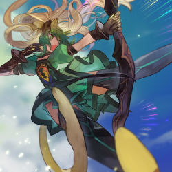 Rule 34 | 1girl, animal ears, atalanta (fate), boots, bow (weapon), cat ears, cat tail, commentary, dress, fate/apocrypha, fate/grand order, fate (series), fighting, gloves, gradient hair, green dress, green eyes, green hair, hair lift, highres, holding, holding bow (weapon), holding weapon, jumping, long hair, multicolored hair, natsuko (summer 525528), open mouth, puffy sleeves, sky, solo, tail, thigh boots, thighhighs, two-tone hair, weapon