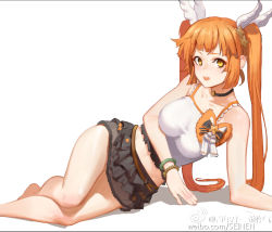 Rule 34 | 1girl, bare legs, bare shoulders, bracelet, breasts, camisole, choker, crop top, eyeliner, frilled skirt, frills, hair ornament, jewelry, large breasts, letterboxed, long hair, looking at viewer, lying, makeup, midriff, navel, open mouth, orange hair, sangai senki, seinen, shirt, simple background, skirt, solo, sun wukong, taut clothes, taut shirt, twintails, watermark, web address, weibo watermark, white background, yellow eyes
