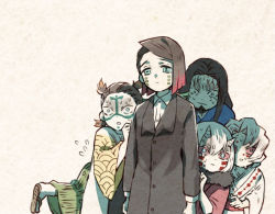 Rule 34 | 1girl, 5boys, arms at sides, black coat, black hair, blue eyes, blue kimono, bob cut, coat, collared shirt, colored sclera, colored tips, cracked skin, crying, crying with eyes open, dress shirt, egasumi, enmu (kimetsu no yaiba), facial hair, facial mark, flying sweatdrops, fur trim, goatee, green eyes, green kimono, hiding, hiding behind another, horizontal pupils, horns, japanese clothes, kamanue (kimetsu no yaiba), karikari (pixiv42147188), kimetsu no yaiba, kimono, leaning on person, long sleeves, looking at viewer, mismatched pupils, mukago (kimetsu no yaiba), multicolored hair, multiple boys, nervous sweating, one eye covered, oni horns, quad tails, red hair, red kimono, red sclera, rokuro (kimetsu no yaiba), rui (kimetsu no yaiba), running, sandals, scared, shirt, short hair, simple background, standing, sweat, tears, text in eyes, wakuraba (kimetsu no yaiba), white hair, wide-eyed, wide sleeves, yellow kimono, zouri