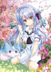 Rule 34 | 1girl, ascot, between legs, black ascot, black bow, black socks, blue hair, blurry, blurry background, blush, bow, braid, breasts, closed mouth, comiket 95, commentary request, crown braid, day, eyelashes, eyes visible through hair, falling petals, feet out of frame, floating hair, flower, fox, garden, grass, hair between eyes, hair bow, hair ornament, hand between legs, hand up, happy, head tilt, highres, hinata nonoka, inari (summer pockets), kneehighs, long hair, looking at viewer, medium breasts, outdoors, petals, pink flower, puffy short sleeves, puffy sleeves, red eyes, red tassel, sailor collar, school uniform, shirt, short sleeves, sidelocks, sitting, skirt, smile, socks, solo, sorakado ao, summer pockets, tassel, tassel hair ornament, very long hair, wariza, white sailor collar, white shirt, white skirt