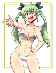 Rule 34 | 1girl, anchovy (girls und panzer), aono3, bikini, breasts, collarbone, cowboy shot, crotch seam, drill hair, fang, front-tie bikini top, front-tie top, girls und panzer, gluteal fold, green hair, hand on own hip, highres, italian flag bikini, leaning to the side, long hair, navel, open mouth, outside border, reaching, reaching towards viewer, red eyes, simple background, skindentation, solo, standing, swimsuit, teeth, thigh gap, thighs, tongue, twin drills, white background, white bikini