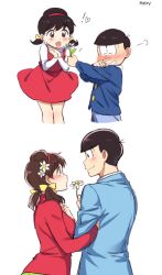 Rule 34 | !, 10s, 1boy, 1girl, ^ ^, age progression, aged down, artist name, bad id, bad pixiv id, black hair, blunt bangs, blush, bow, brown hair, closed eyes, closed mouth, comic, dress, eye contact, flower, full-face blush, gift, hair bow, hair flower, hair ornament, hairband, heart, height difference, hetero, holding, holding flower, jacket, locked arms, long sleeves, looking at another, low twintails, matsuno osomatsu, mery (yangmalgage), osomatsu-kun, osomatsu-san, outstretched arm, red dress, red shirt, shirt, short twintails, simple background, smile, standing, turtleneck, twintails, white background, white shirt, yellow bow, yowai totoko