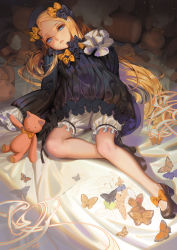 Rule 34 | 1girl, abigail williams (fate), alphonse (white datura), animal, bed sheet, black bow, black dress, black footwear, black hat, blonde hair, bloomers, blue eyes, bow, bug, butterfly, dress, fate/grand order, fate (series), female focus, forehead, full body, hair bow, hands in opposite sleeves, hat, high heels, highres, insect, long hair, long sleeves, looking at viewer, lying, on back, orange bow, parted bangs, parted lips, polka dot, polka dot bow, shoes, solo, stuffed animal, stuffed toy, teddy bear, underwear, very long hair, white bloomers