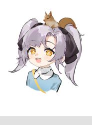 Rule 34 | 1girl, aug para (girls&#039; frontline), blush, girls&#039; frontline, hair ribbon, light purple hair, long hair, looking at viewer, open mouth, ribbon, smile, smile (mm-l), solo, squirrel, teeth, twintails, upper body, upper teeth only, white background, yellow eyes