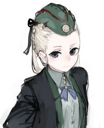 Rule 34 | 1girl, black eyes, black jacket, blonde hair, blue neckwear, closed mouth, collared shirt, garrison cap, girls&#039; frontline, green hat, green jacket, green shirt, hat, jacket, looking at viewer, open clothes, open jacket, rampart1028, ribbon, serdyukov (girls&#039; frontline), shirt, simple background, solo, upper body, white background